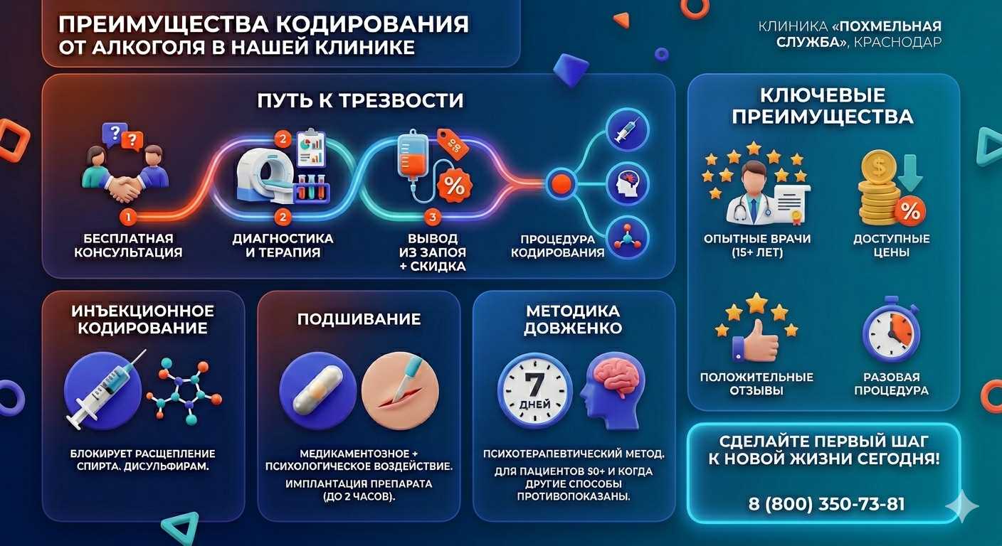 Инфографика о методах кодирования от алкоголя в Краснообске: инъекции, подшивание, метод Довженко. Преимущества клиники и этапы лечения.
