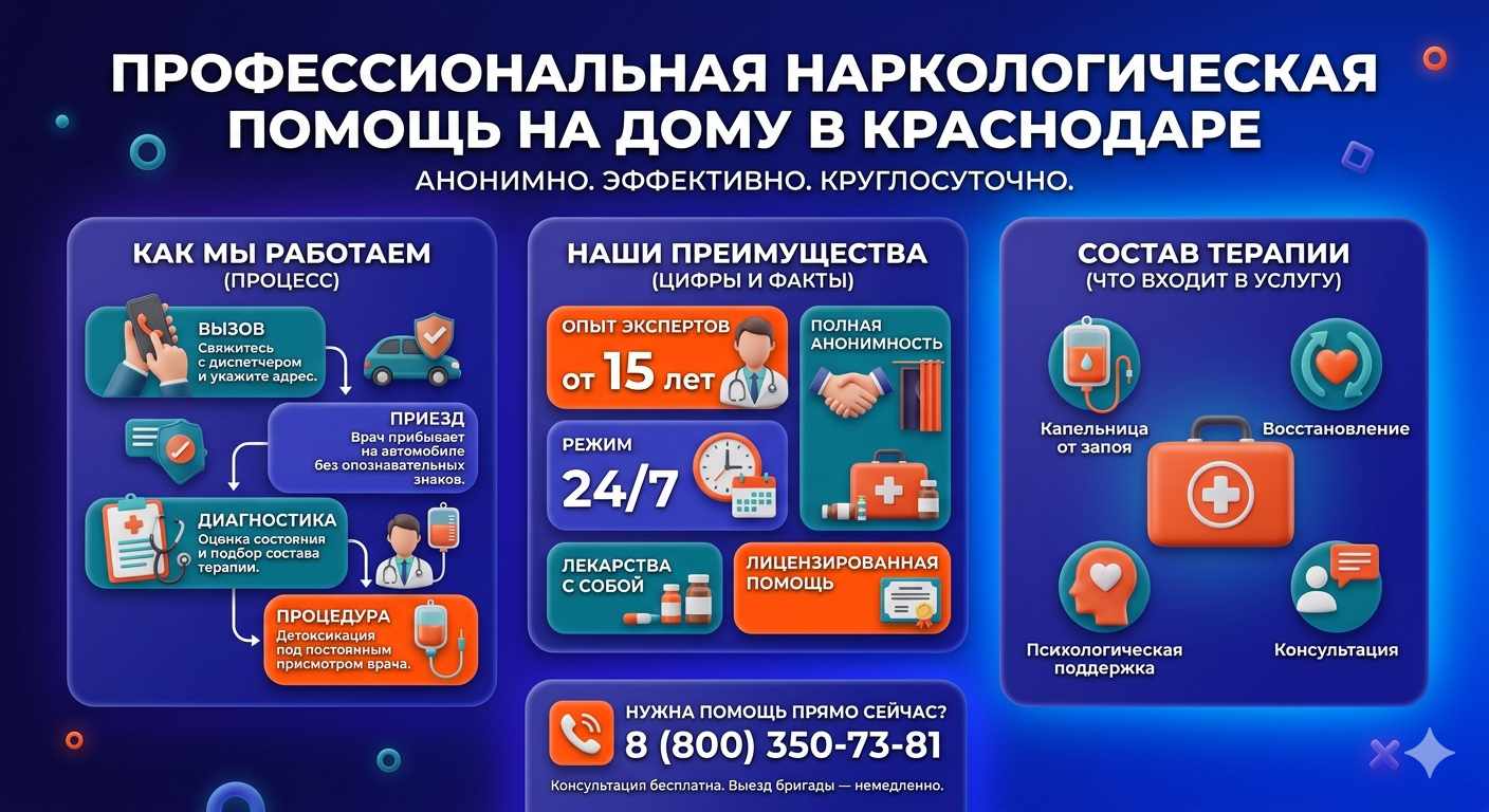 Инфографика о принципах лечения алкоголизма на дому в Краснообске: этапы вызова нарколога, преимущества анонимной детоксикации и состав медицинской помощи.